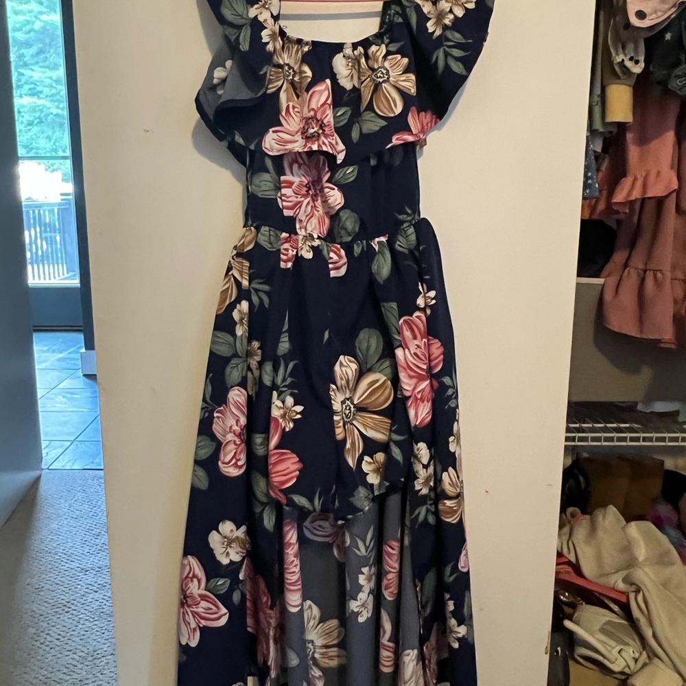 SHEIN Floral Ruffle Kids Dress - Navy and Pink